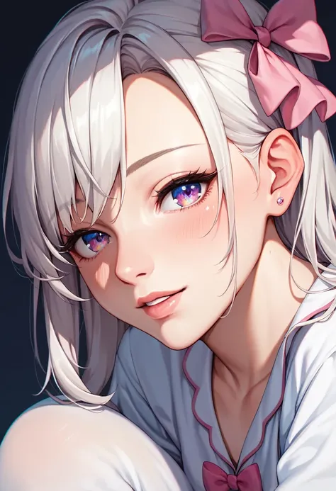 Masterpiece, best quality, super detailed, illustration, beautiful detailed eyes, close up, a girl. It is white hair, pink bow, white pajamas. Squat on the ground and rummage through the clothes basket