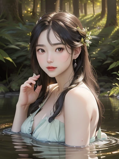 (best quality, 4k, 8k, highres, masterpiece:1.2), ultra-d etailed,(realistic, photorealistic,photo-realistic:1 .37), portrait of fairies,enjoying water play in a beautiful r iver in the forest,fairy with detailed face and hands, enchanted woodland scene, s...