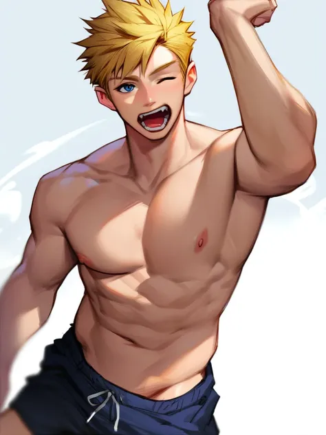 score_9, score_8_up, score_7_up, score_6_up, boy, blonde hair, bangs, short hair, spiked hair, one eye closed, yawning, shirtless, black shorts, cool, front, muscular, looking at viewer, simple white background, concept art, RinotunaYei, 