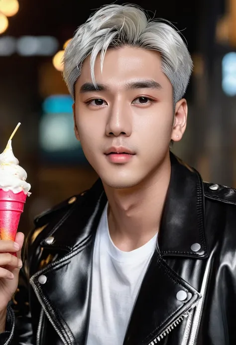 Handsome young man wearing a leather jacket, wearing a cap, with silver hair, holding ice cream, silver messy hair, handsome, (8k, RAW photo, photorealistic:1.25) ,( lipgloss, eyelashes, man, gloss-face, glossy skin, dark skin, dark snik, male, best qualit...