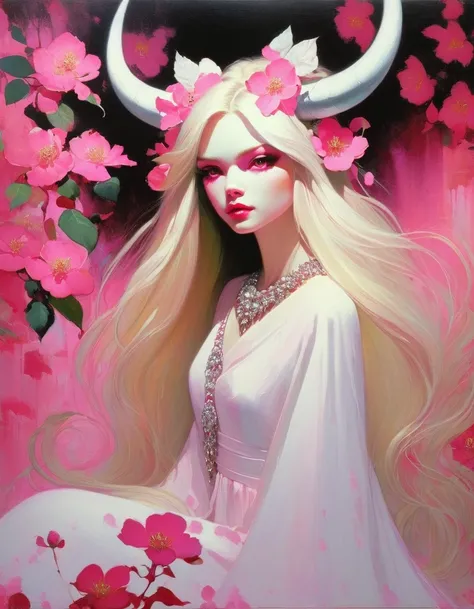 1girl, solo, alone, pink eyes, long hair, blonde hair, pink dress, flower, camellia, jewelry, nail polish, ring, hair ornament, flower ornaments, pink nails, White hell, masterpiece, best quality, white hell, red horns, sakura pedals in hair,(art inspired ...