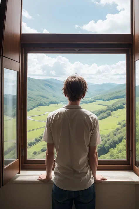 Hillbilly with his back looking at the landscape leaning over a window