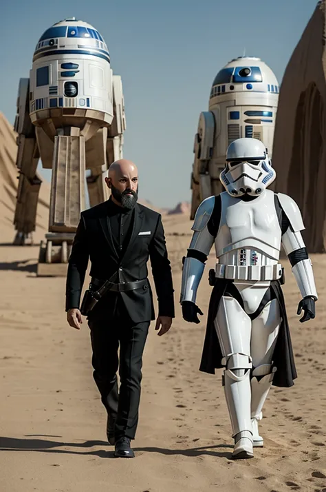 Bald Latin man with black beard, stormtrooper suit, no helmet, walking with small black Scottish terrier, desert, Star Wars ship setting, highly detailed, photo taken using Panavision DXL2, 28mm lens, Establishing shot, muted color grading, cinemascope, dr...