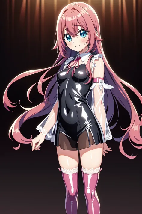 1girl,solo,full body,standing,(hot-pink-hair:1.6), long hair, bangs,hair between eyes, wavy hair,(blue eyes:1.2),(beautiful fingers:1.6),(perfect anatomy:1.4),(arms_behind_back:1.6),(cold_shoulder:1.2),(hot pink leather lace glossy silk lamé priest clothes...