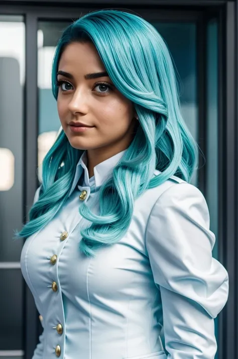 Chica con traje de porrista de mi hero academia avergonzada y con pelo largo celeste 