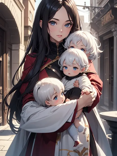 (8K, Best Quality, Masterpiece, Ultra High Resolution) Woman with dark hair holding baby, small  beside her with white hair, children are male