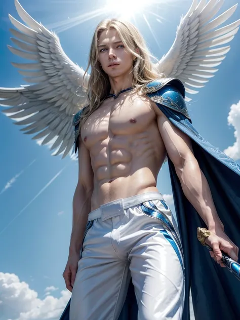 an archangel priest, handsome, attractive, slender, with long wavy light blond hair, with blue eyes, muscular torso, light cream pants, huge white wings, staff and a sword, against the background of the blue sky with clouds and rays of sunlight