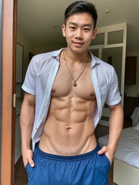 very super cute thai boy​,lean body, 22 ages​​​ , wearing​ a​ uniform,​ necklace​, at​ home​ old​s,cool