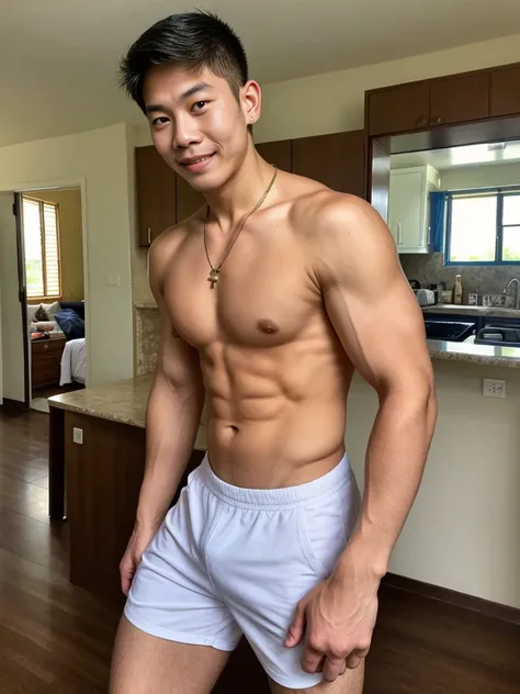 very super cute thai boy​,lean body, 22 ages​​​ , wearing​ a​ uniform,​ necklace​, at​ home​ old​s,cool