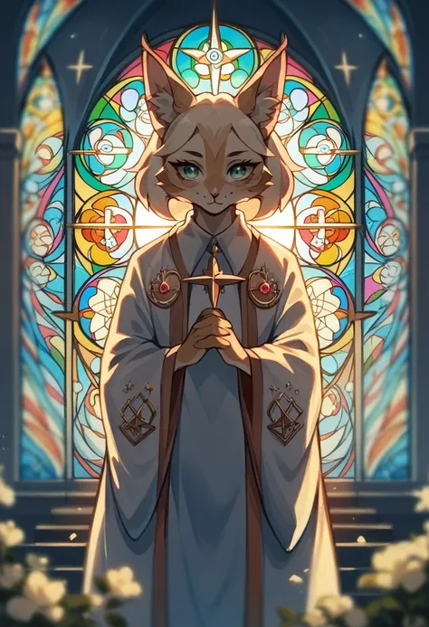 Mona Lisa, pale colors(fantasy sister, robe with gold decoration, offering prayers, church)super fine illustration(colorful stained glass, volumetric lighting backlighting good lighting, colorful refraction)depth of field(highly detailed beautiful face and...