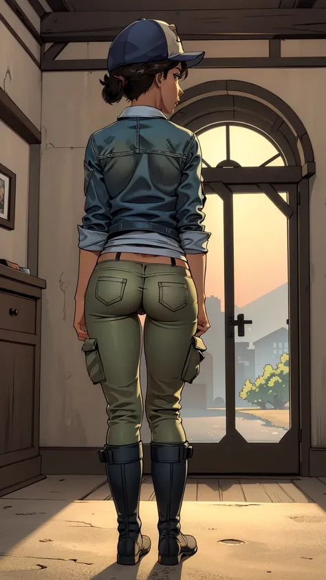 ((masterpiece, best quality)),(complex lighting) ,solo,(((1girl))) ,clementine, light skin,light-skinned female, baseball cap, green cargo pants, brown eyes, tight pants, combat boots, shirt, short hair, one short ponytail, open denim jacket, huge butt, th...