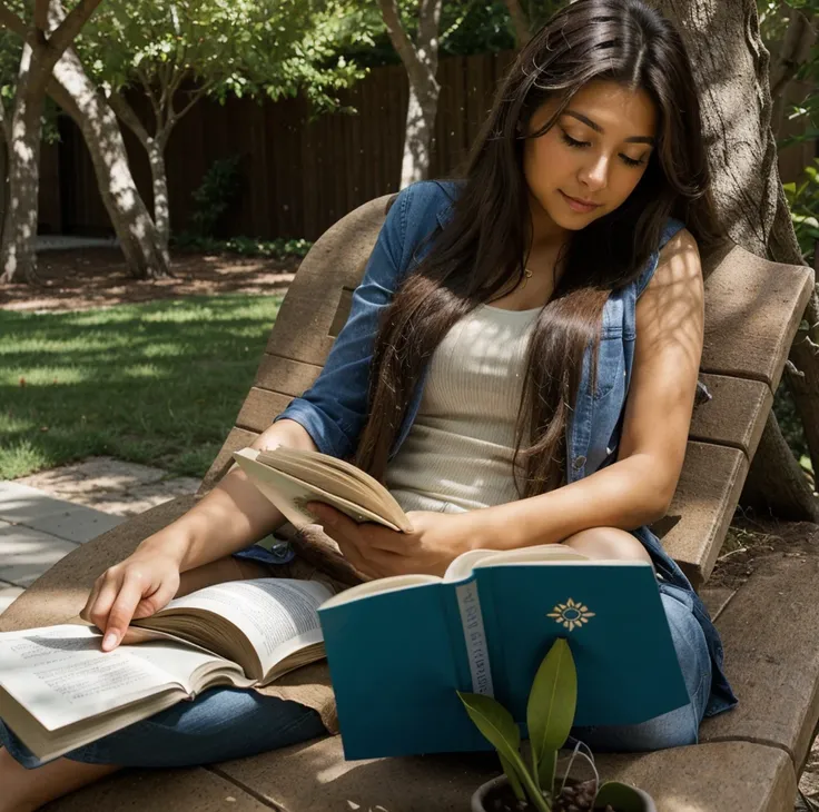 Long-haired Latina reading a book outside 