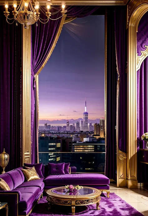 purple and gold living room with a view of the city, purple and gold color scheme, luxurious environment, brightly lit purple room, dense hypermaximalist metropolis, extremely opulent, purple colour scheme, draped in silky purple and gold, purple color sch...