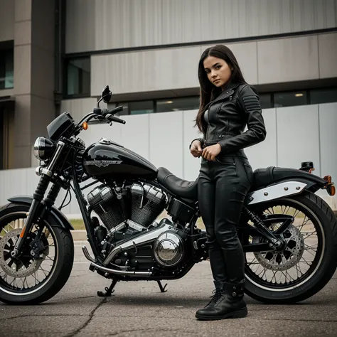 A girl standing next to a Harley Davidson motorcycle.