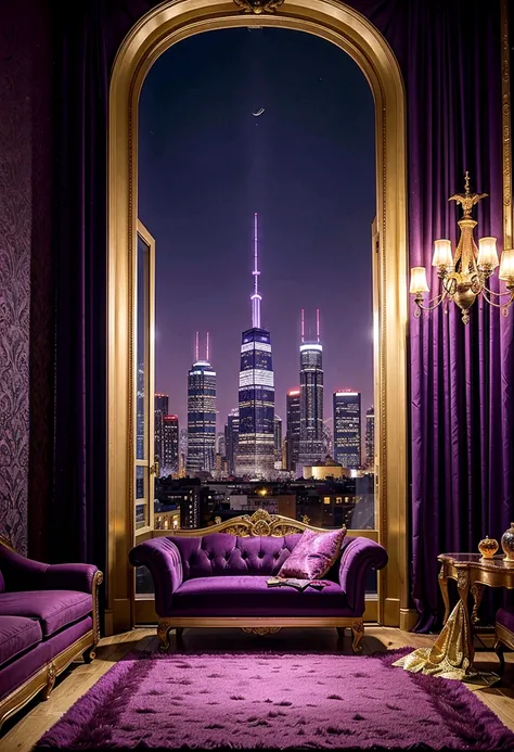 purple and gold living room with a view of the city, a portrait by derek zabrocki, trending on cg society, maximalism, purple and gold color scheme, luxurious environment, brightly lit purple room, dense hypermaximalist metropolis, extremely opulent, purpl...