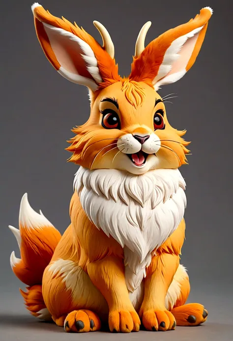 Very cute jackalope .Best Quality , very beautiful, Very detailed ,unit , Very detailed，Laugh with both hands over your mouth，orange fur，Sitting，Dropped ears，Japanese anime風，mascot，