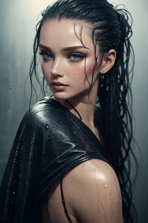 a woman with wet hair combed back, wet skin, bold fashion makeup, water drops, extremely detailed skin texture, vignette, grainy texture, old photo, vintage colors, shot by Mschiffer