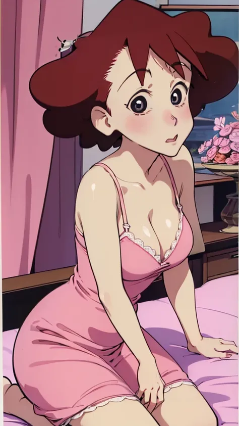 Misae Nohara,(Mature Woman:1.8),(absurderes, 8K, 4K, masutepiece, hyper extreme detailed:1.2), Best Quality, Perfect Anatomy,Perfect face,Facing forward, on bed, wearing pink nightdress, cleavage, erotic, seduced, straight hair