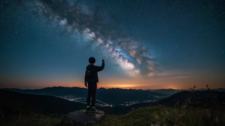 A boy stood on top of a hill gazing at the night sky, the stars lined up in a straight line.