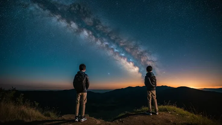 A boy stood on top of a hill gazing at the night sky, the stars lined up in a straight line.