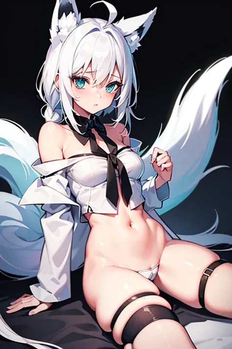 {{{shirakami_fubuki}}}, fox girl, white hair,braid, ahoge, animal ear fluff, aqua eyes, black ribbon, white shirt, off shoulder, masturbation, vibrator