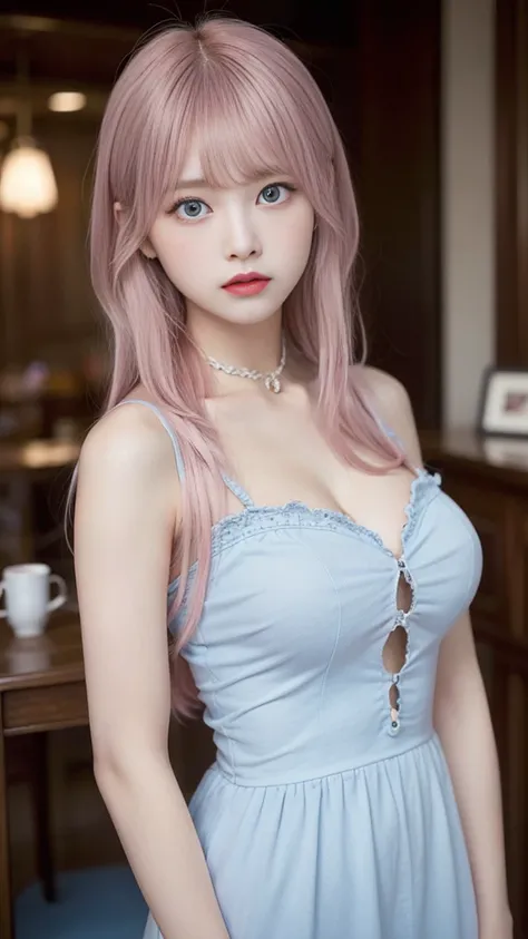 (Antique Style, Girlish: 1.2, Pink Hair: 1.1, blue eyes: 1.1, Big eyes),Big Breasts,