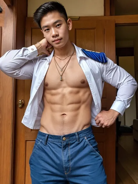 very super cute thai boy​,lean body, 23 ages​​​ , wearing​ a​ uniform,​ necklace​, at​ home​ old​s,cool