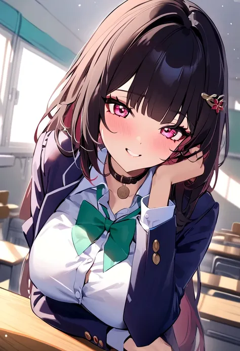 masterpiece, highest quality,blazer,One Girl,honkai_(series),shirt, head_ribbon,green_ribbon, Side Lock,With collar_shirt, smile, hair_ornament, hair_intake, honkai:_star_rail, ribbon, Open_Clothes, School_uniform, alone, hairclip,nsfw,White classroom,