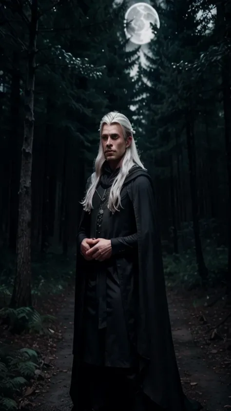 Create a cover for a fantasy book with a mysterious figure in a deep forest in the moonlight. Its a very dark night. The figure is male, has long white hair and pointed ears. He is young with handsome features He is wearing a dark cloak. He is in the backg...