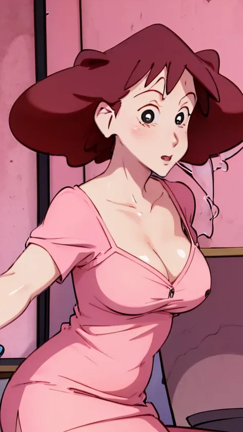 Misae Nohara,(Mature Woman:1.8),(absurderes, 8K, 4K, masutepiece, hyper extreme detailed:1.2), Best Quality, Perfect Anatomy,Perfect face,Facing forward, on bed, wearing pink nightdress, cleavage, erotic, seduced, shirtspread 