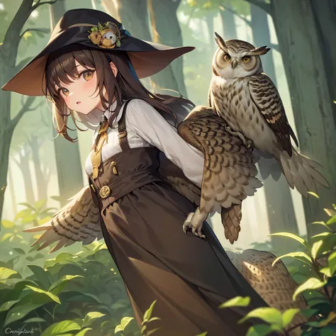 Girl taking owl with all animals in forest 
