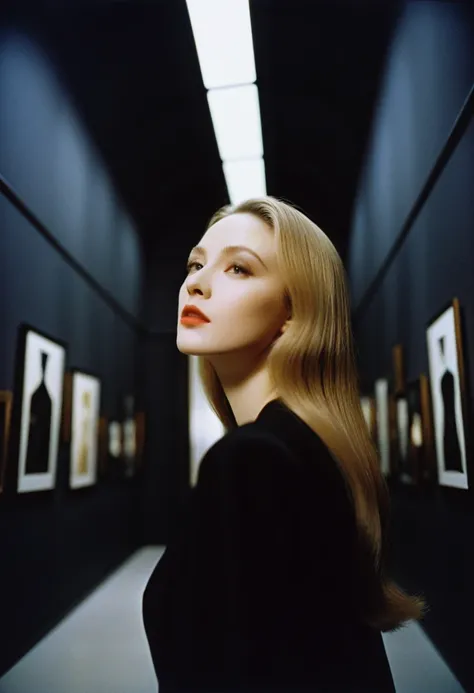 Photograph by Serge Lutens (1.8), pale skin, evil slavic woman, long dark blond hair, in profile, wide angle dim atmosphere, stunning, modern, dark, clean, artsy indoor surrounding, casting a dreamlike atmosphere eyes reflect some light, Shiseido-style Vog...