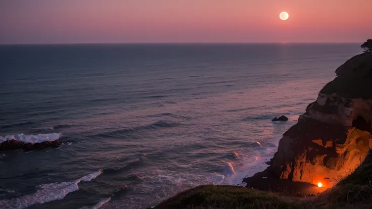 At dusk, looking out at the sea from the top of a coastal cliff, the full moon was dyed red.