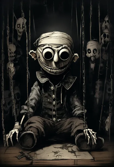 Carlson, personaje de dibujos animados de marionetas de cuento de hadas que vive en el techo. completely dark room, granoso, entorno inquietante, tono blanco oscuro. creepypasta: a rapper&#39;s vision from the shadows. estilo de charlie bowett, Albert José...