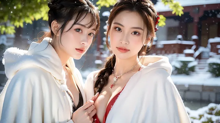 masterpiece, best quality, realistic, 8k, official art, cinematic light, ultra high res, 1girl, day, sunlight, light on face, huge breast, sexy, cleavage, (white hanfu), (Winter hanfu:1.2), (cloak:1.2), (snow:1.3),(upper body), open V chest, 
 French twist...