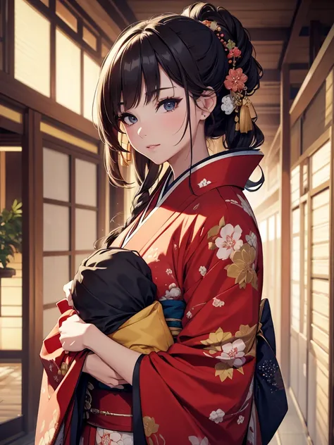 (8K, Best Quality, Masterpiece, Ultra High Resolution) Woman wearing kimono holding a baby boy