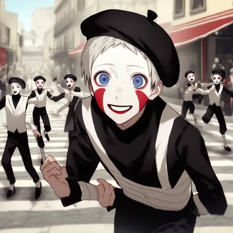 a very happy skinny boy dressed up as a mime, wearing mime makeup, has dark blue eyes, wearing a beret, performing on the streets