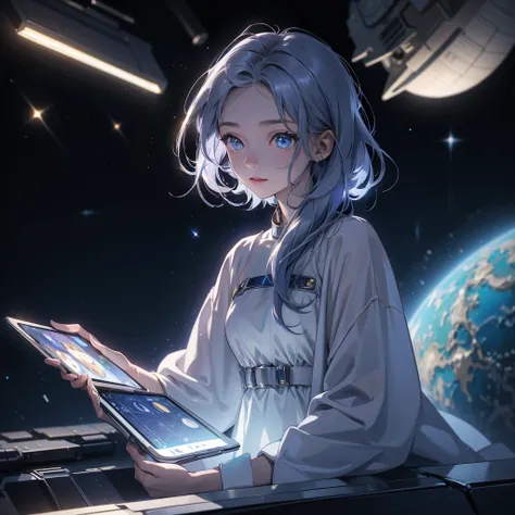 Astronaut, sitting on a moon-like surface, with a spaceship in the background, wearing a silver-white spacesuit, holding a tablet with stargazing data, smiling at the vast, starry sky, with a subtle glow of Stellara-infused light around her, gentle crater ...