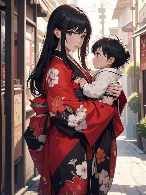 (8K, Best Quality, Masterpiece, Ultra High Resolution) Woman wearing kimono holding a baby boy with black hair