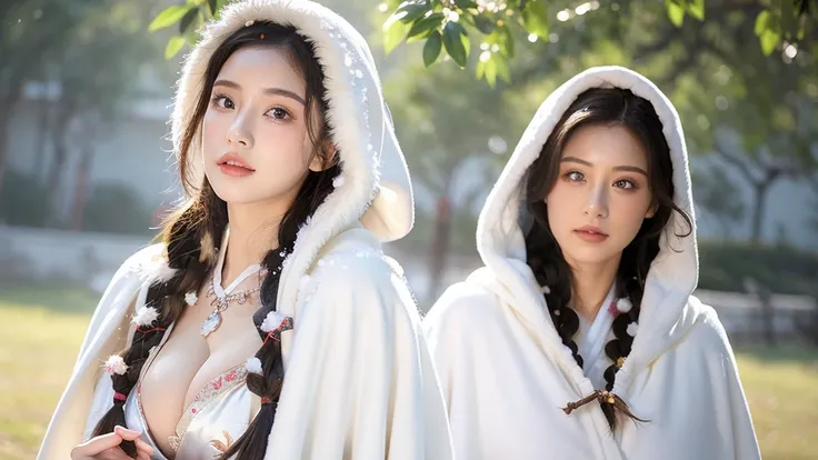 masterpiece, best quality, realistic, 8k, official art, cinematic light, ultra high res, 1girl, day, sunlight, light on face, huge breast, sexy, cleavage, (white hanfu), (Winter hanfu:1.2), (cloak:1.2), (snow:1.3),(upper body), open V chest, 
 French twist...