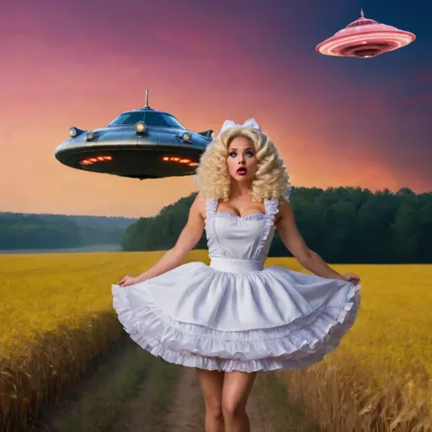 A man is abducted by a UFO at the field at night. He levitates in the air. He is shocked and scared. He wears a short skirt and frilly panties. He wears a puffy princess dress. Under body angle shot. Focused scene, princess makeup, long blonde hair, rococo...