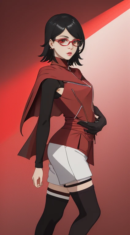 1girl, solo, black hair, short hair, Red eyes, frameless glasses. In a  mini crown, cape, jumpsuit, long sleeves, high-waist shorts, red shorts, striped thigh highs, shoes, purple footwear,sexy , closeup shot,, detailed art. Curved hips, Thick thighs,, bar...