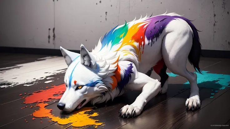 wolf animal with four legs made of paints of different colors, paints of different colors spilled on the wall and floor, paints of different colors spilled over him, palette of paints spilled everywhere.