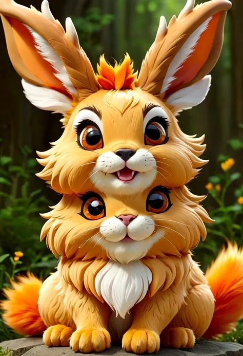 Very cute jackalope .highest quality , so beautiful, Very detailed ,unit , Very detailed，Smiling face with hand over mouth，Orange fur，Sitting，Dropped ears，Japanese anime style，Jewelpet Style，