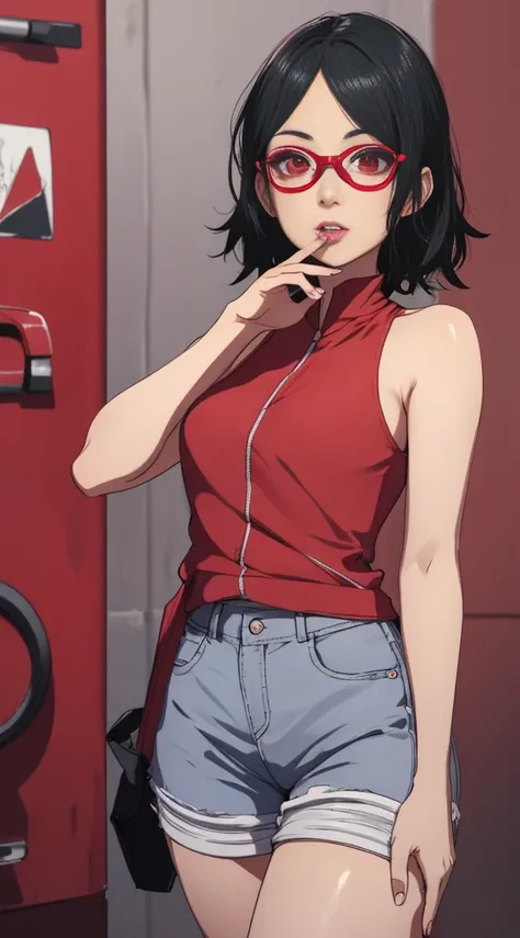 1girl, solo, black hair, short hair, Red eyes, frameless glasses. In a Red tube Top// High waisted shorts, closeup shot,, detailed art. Curved hips, Thick thighs,, bare shoulders, scary basement background,, facing viewer, hands on hips, shiny hair, sexy h...