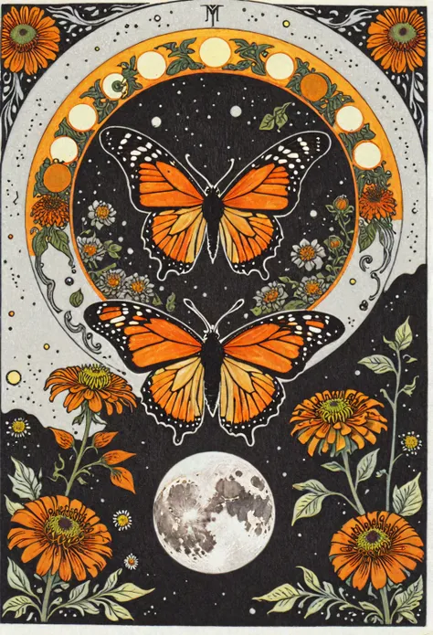 symmetric, balanced, monarch butterfly at the center of the moon surrounded by a frame of zinnia flowers, dark amber and gray co...