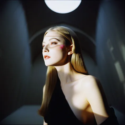 Photograph by Serge Lutens (1.8), pale skin, evil slavic woman, long dark blond hair, in profile, wide angle dim atmosphere, stunning, modern, dark, clean, artsy indoor surrounding, casting a dreamlike atmosphere eyes reflect some light, Shiseido-style Vog...