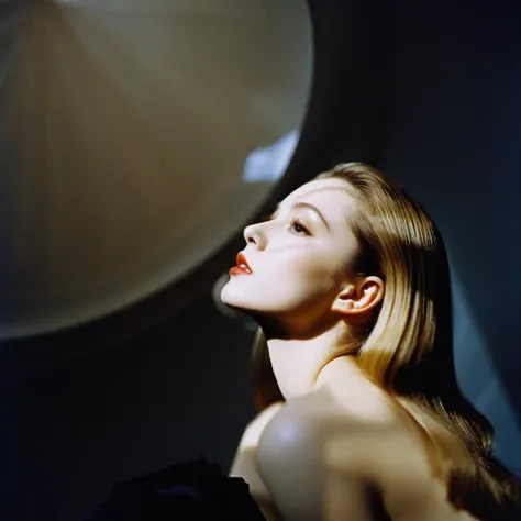 Photograph by Serge Lutens (1.8), pale skin, evil slavic woman, long dark blond hair, in profile, wide angle dim atmosphere, stunning, modern, dark, clean, artsy indoor surrounding, casting a dreamlike atmosphere eyes reflect some light, Shiseido-style Vog...