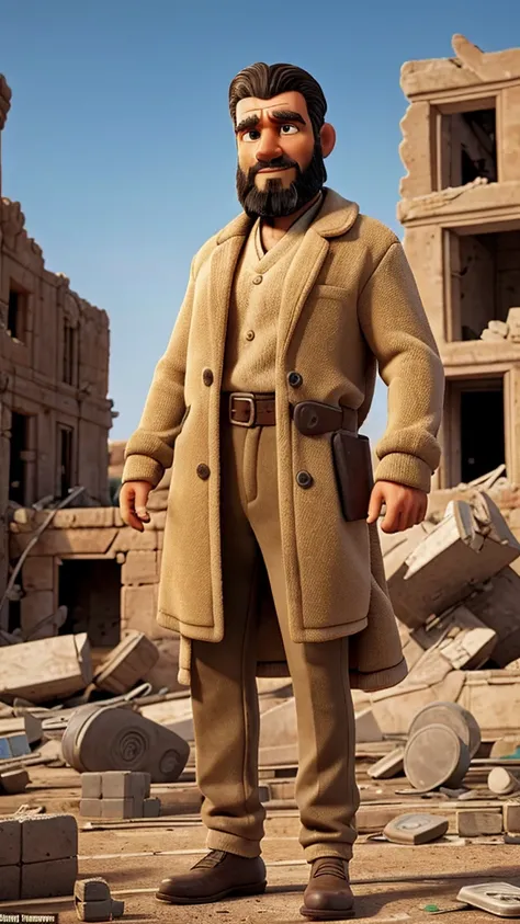 Characters: Job, Description: a robust-looking man of 49 years young from hard work, devastated and distraught, Era: ancient biblical times, Clothing: disheveled traditional Middle Eastern attire, Location: amidst ruins and destruction, Action: witnessing ...