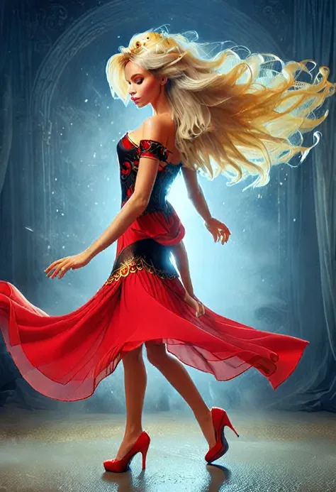 a queen with blond hair, "she wears a red dress and red shoes"